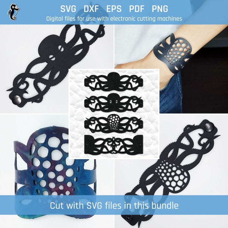 4 octopus bracelet SVG cut file designs of different variations.
